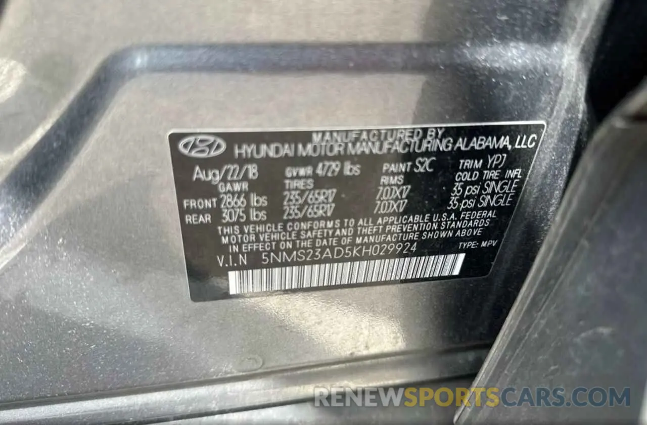 10 Photograph of a damaged car 5NMS23AD5KH029924 HYUNDAI SANTA FE 2019
