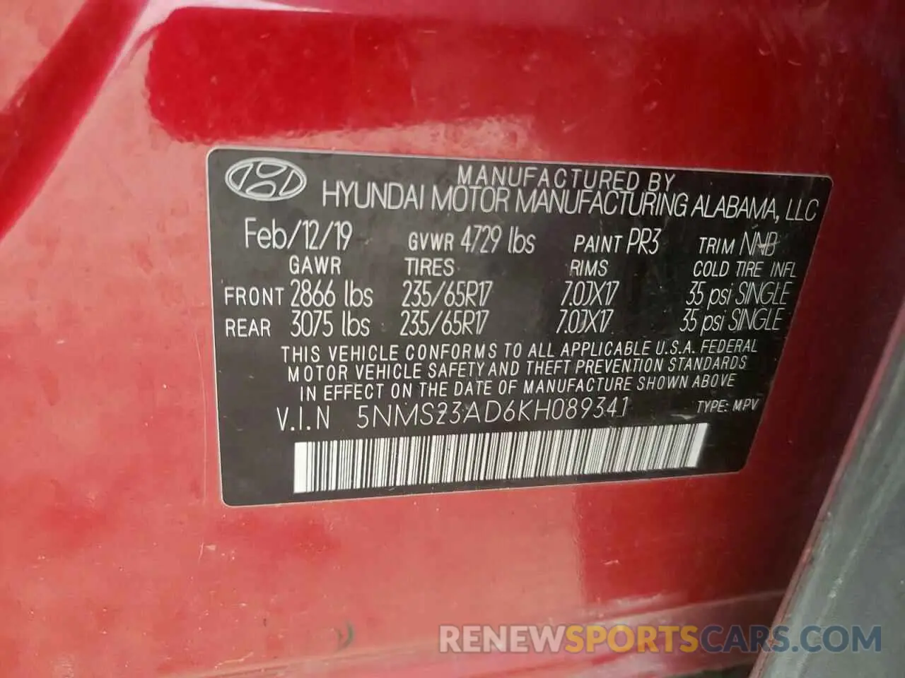 13 Photograph of a damaged car 5NMS23AD6KH089341 HYUNDAI SANTA FE 2019