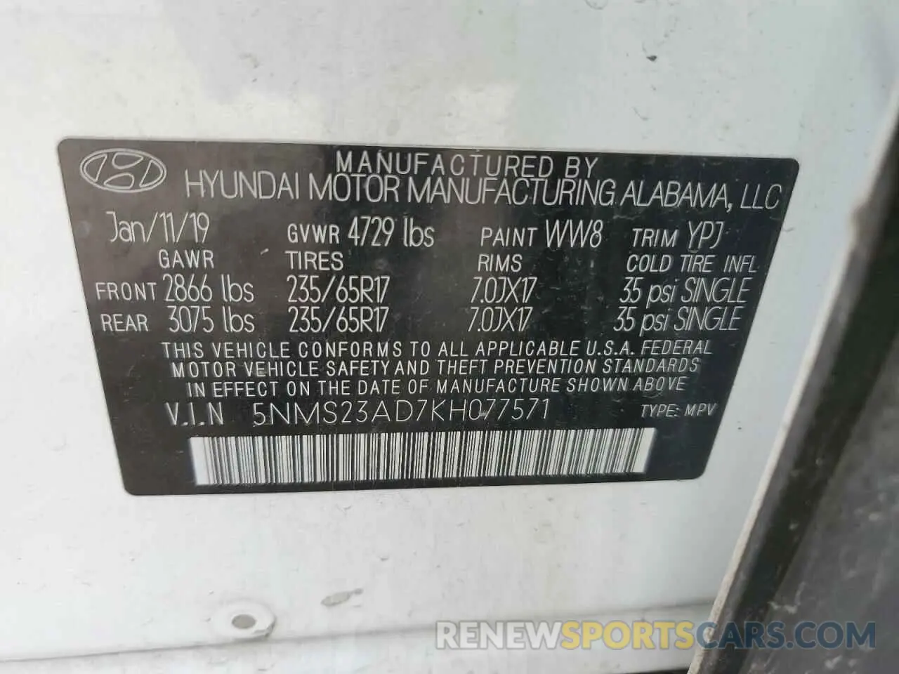 13 Photograph of a damaged car 5NMS23AD7KH077571 HYUNDAI SANTA FE 2019