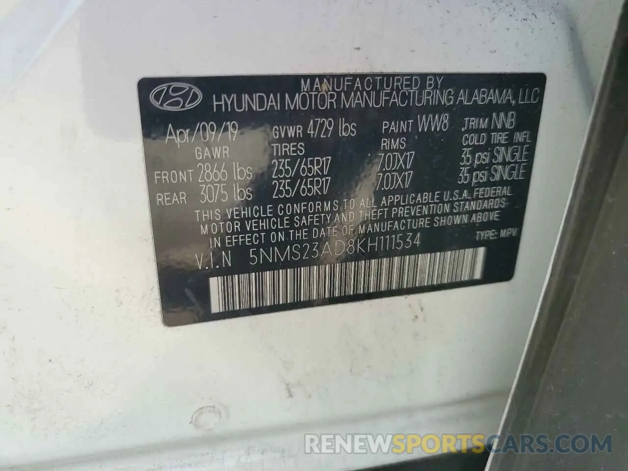 13 Photograph of a damaged car 5NMS23AD8KH111534 HYUNDAI SANTA FE 2019