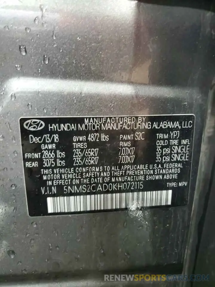 13 Photograph of a damaged car 5NMS2CAD0KH072115 HYUNDAI SANTA FE 2019