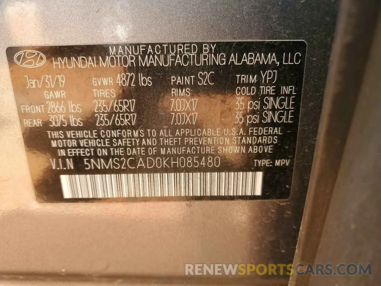 14 Photograph of a damaged car 5NMS2CAD0KH085480 HYUNDAI SANTA FE 2019