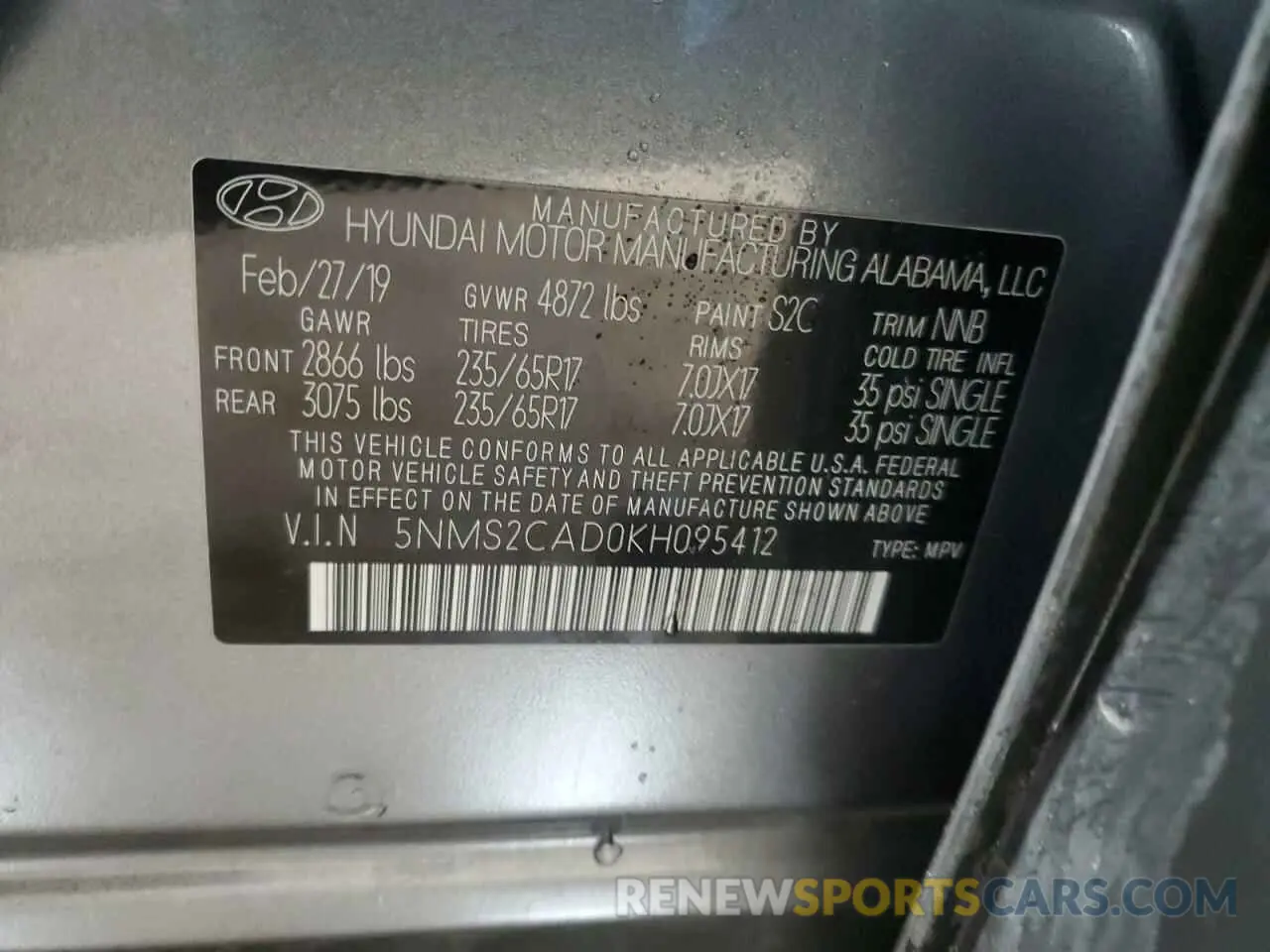 12 Photograph of a damaged car 5NMS2CAD0KH095412 HYUNDAI SANTA FE 2019