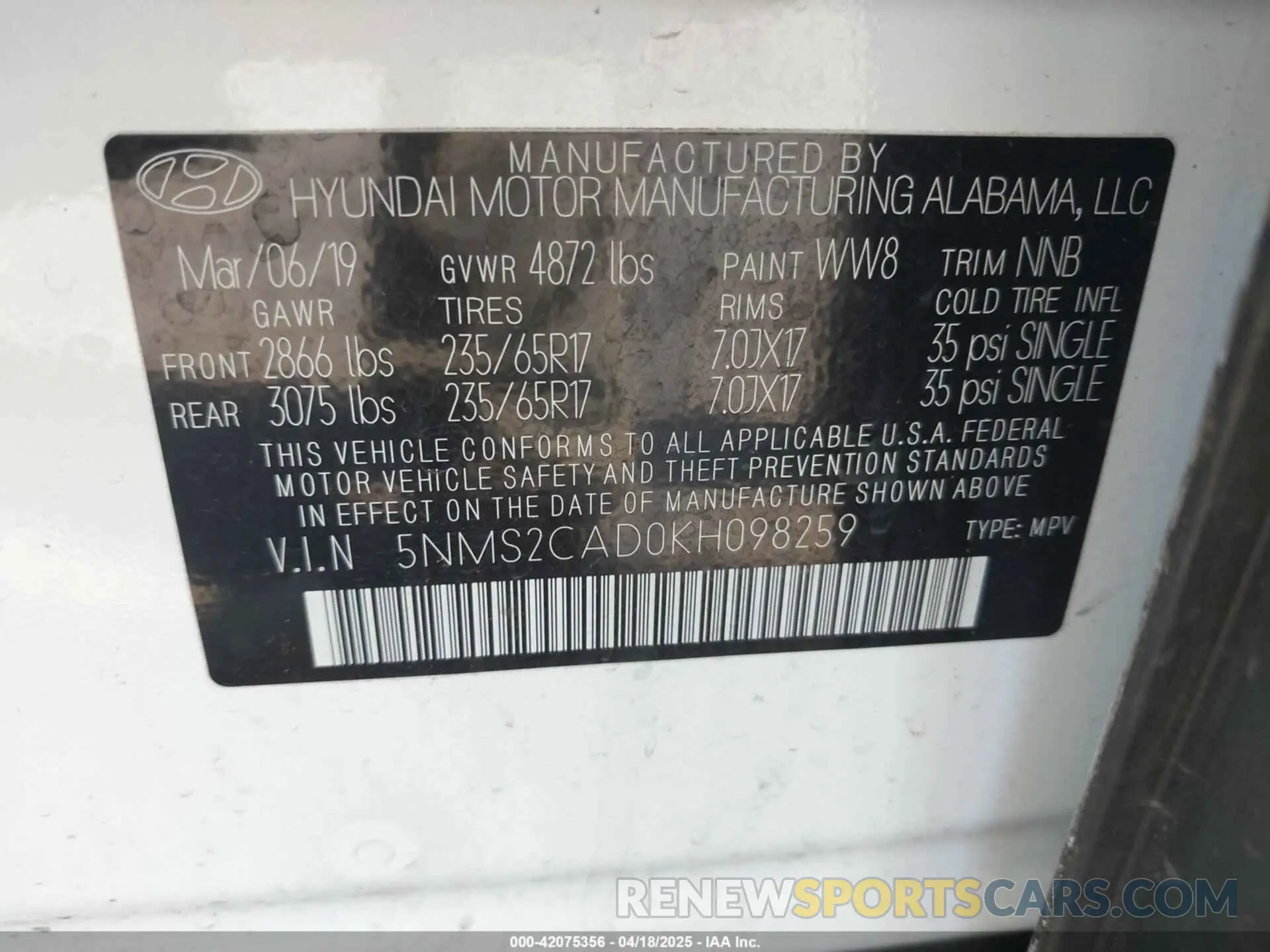 9 Photograph of a damaged car 5NMS2CAD0KH098259 HYUNDAI SANTA FE 2019
