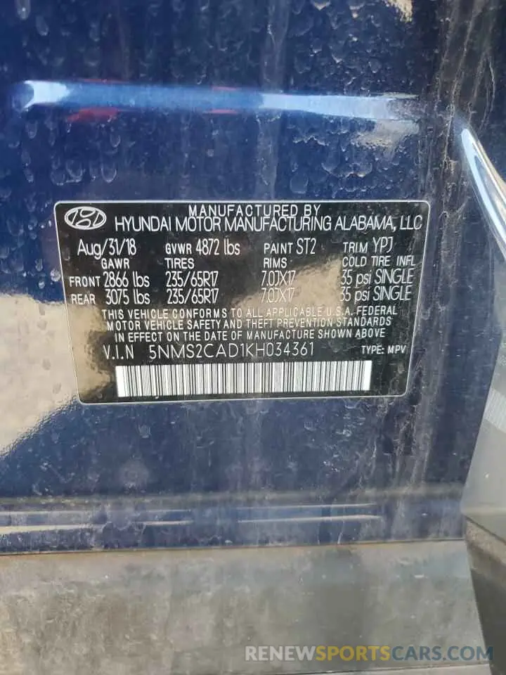 12 Photograph of a damaged car 5NMS2CAD1KH034361 HYUNDAI SANTA FE 2019