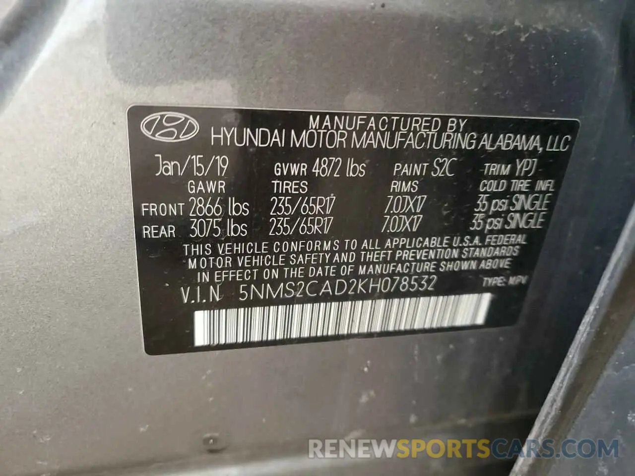 16 Photograph of a damaged car 5NMS2CAD2KH078532 HYUNDAI SANTA FE 2019