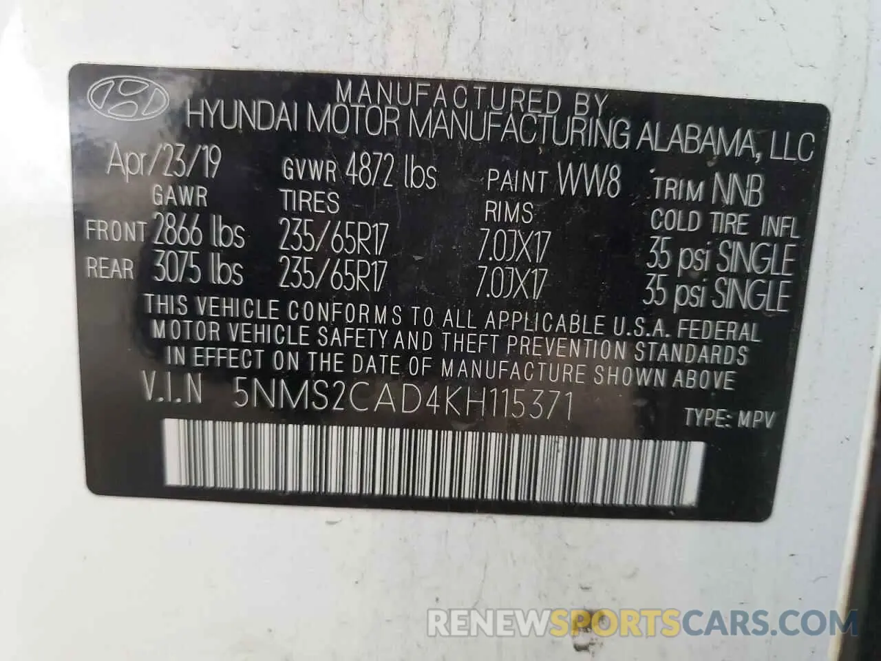 13 Photograph of a damaged car 5NMS2CAD4KH115371 HYUNDAI SANTA FE 2019