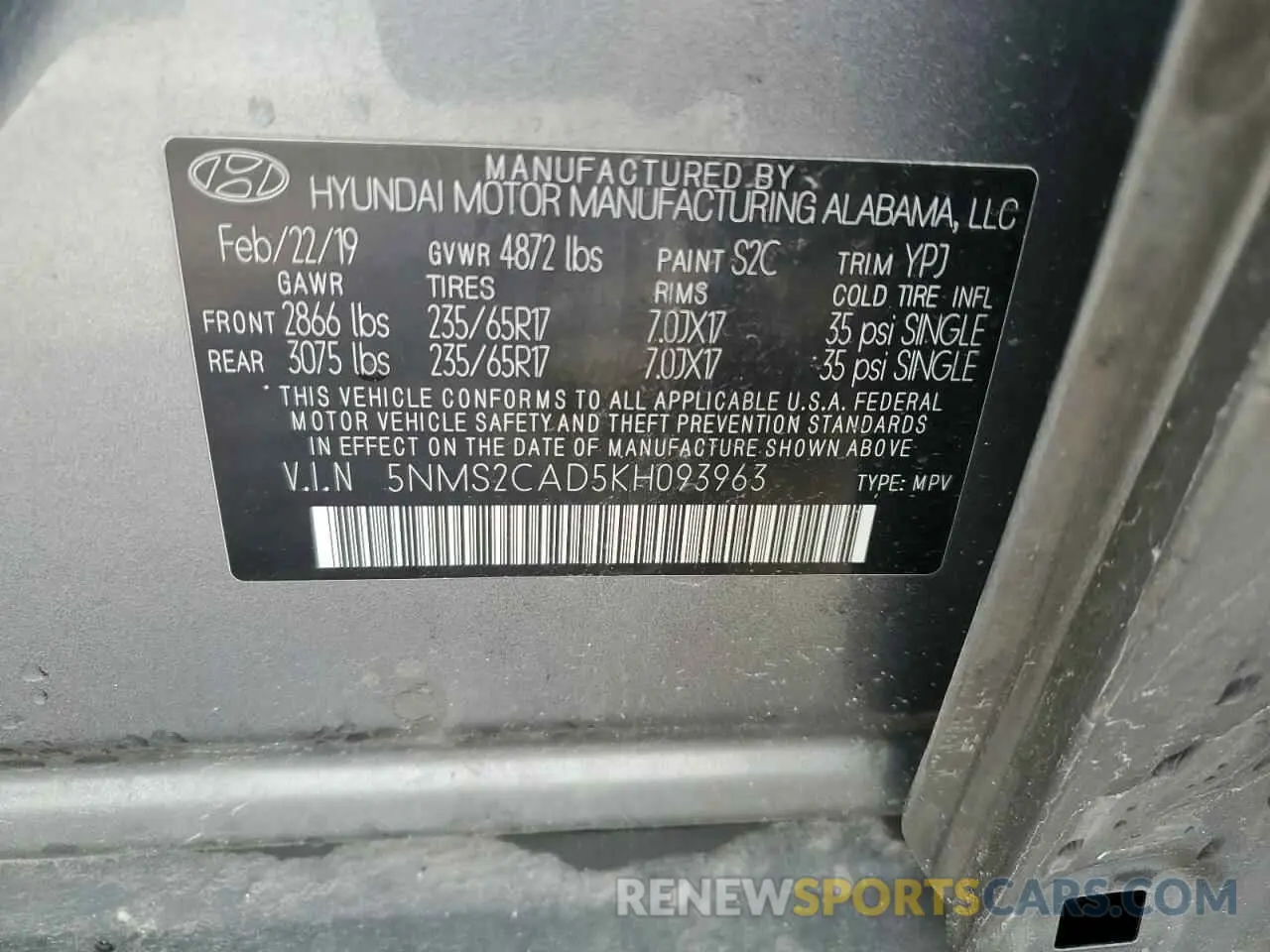 13 Photograph of a damaged car 5NMS2CAD5KH093963 HYUNDAI SANTA FE 2019