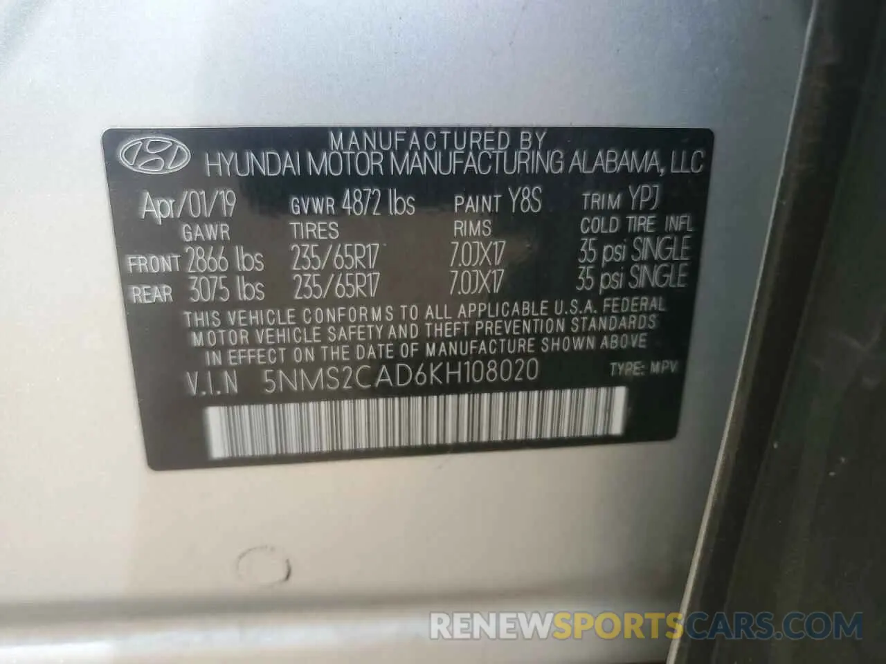 13 Photograph of a damaged car 5NMS2CAD6KH108020 HYUNDAI SANTA FE 2019