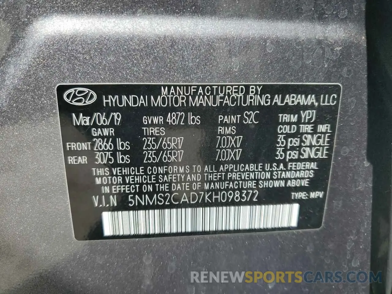 13 Photograph of a damaged car 5NMS2CAD7KH098372 HYUNDAI SANTA FE 2019