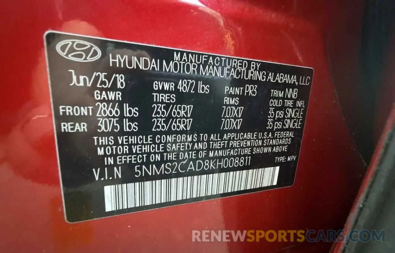 10 Photograph of a damaged car 5NMS2CAD8KH008811 HYUNDAI SANTA FE 2019