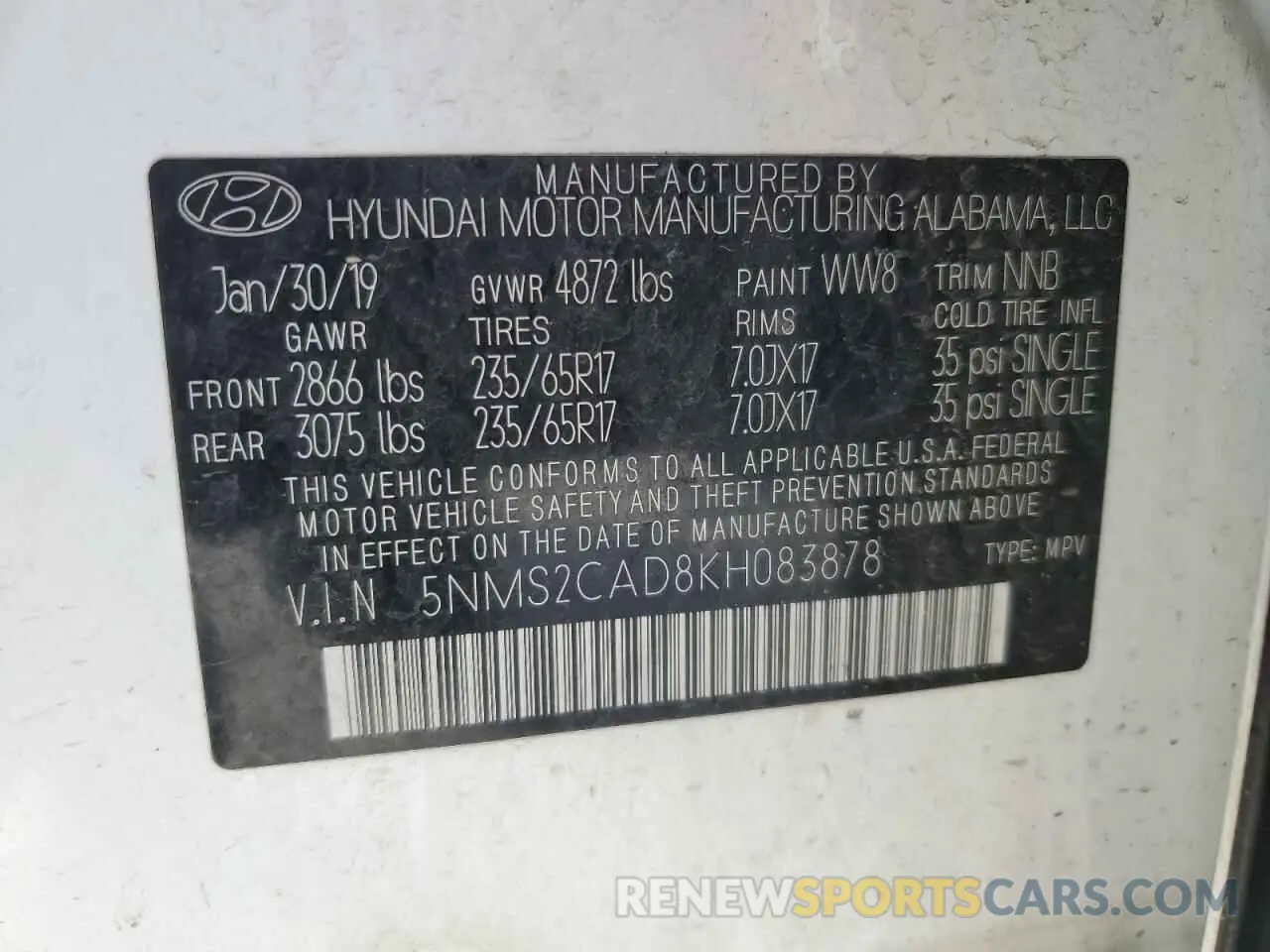 13 Photograph of a damaged car 5NMS2CAD8KH083878 HYUNDAI SANTA FE 2019