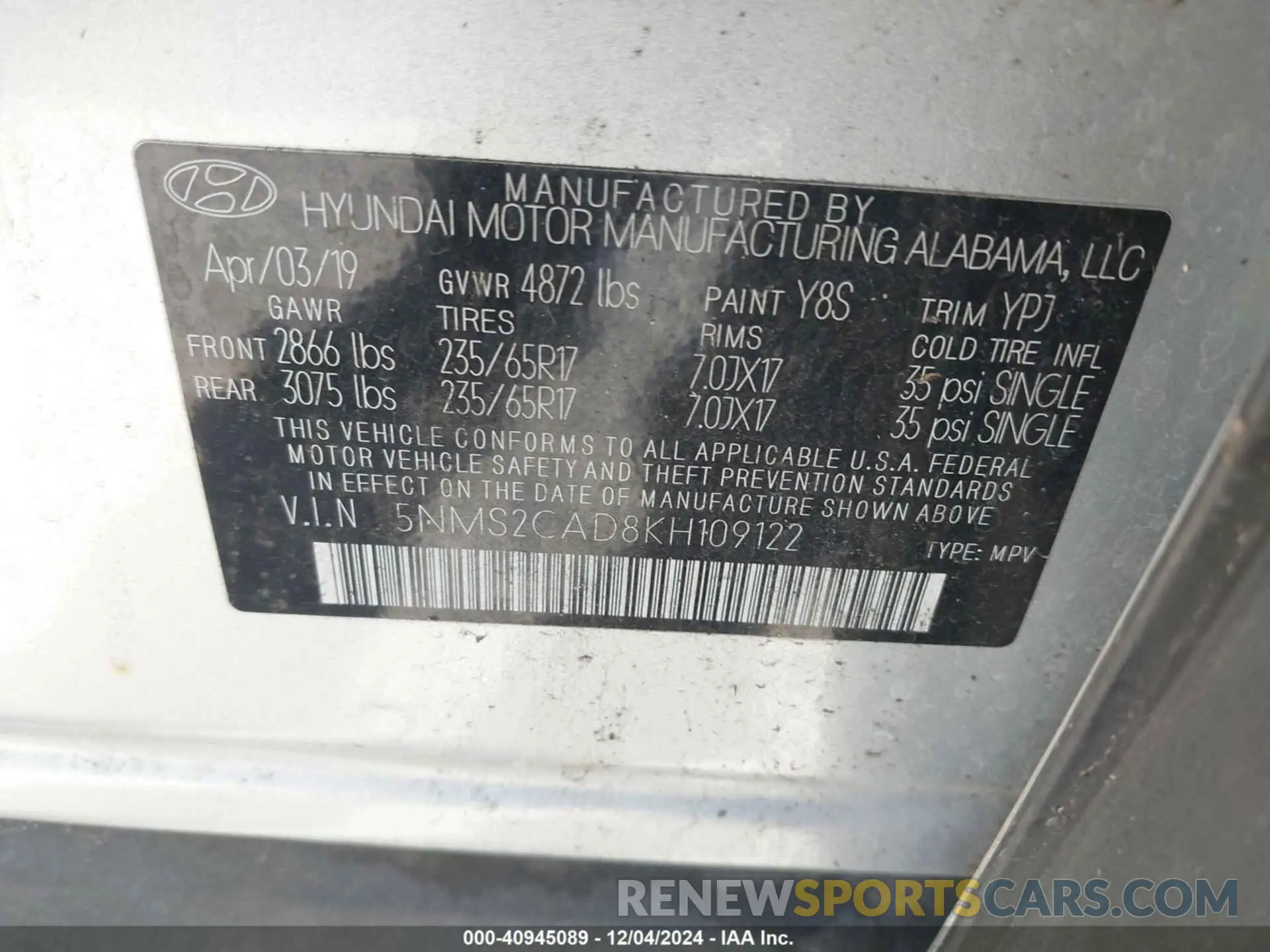 9 Photograph of a damaged car 5NMS2CAD8KH109122 HYUNDAI SANTA FE 2019
