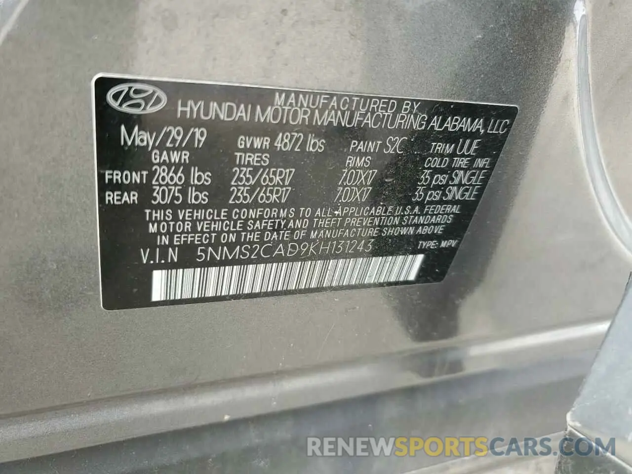 14 Photograph of a damaged car 5NMS2CAD9KH131243 HYUNDAI SANTA FE 2019
