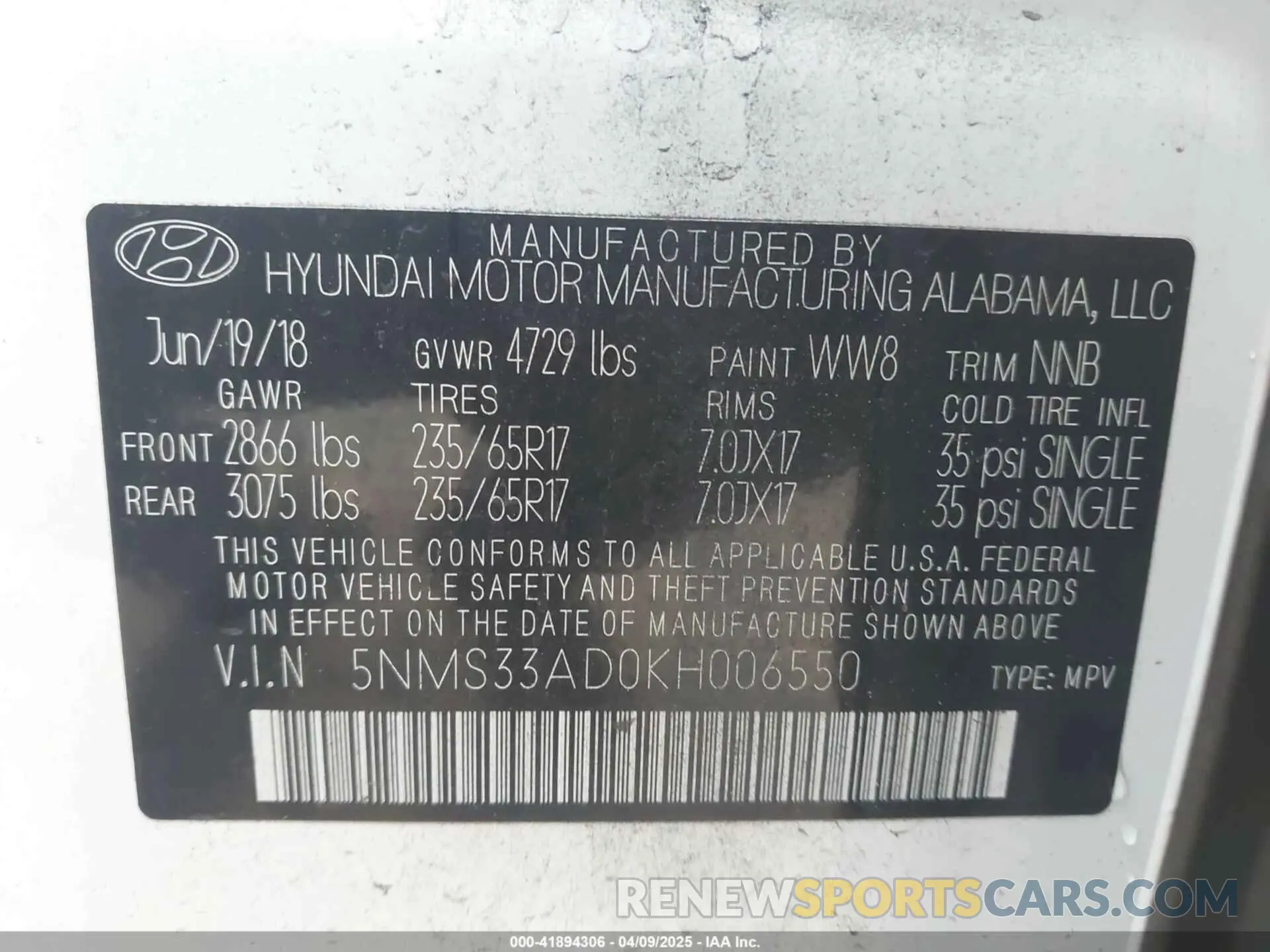 9 Photograph of a damaged car 5NMS33AD0KH006550 HYUNDAI SANTA FE 2019