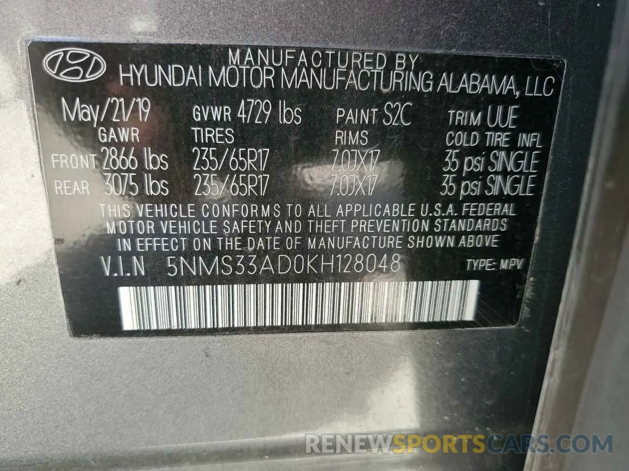 13 Photograph of a damaged car 5NMS33AD0KH128048 HYUNDAI SANTA FE 2019