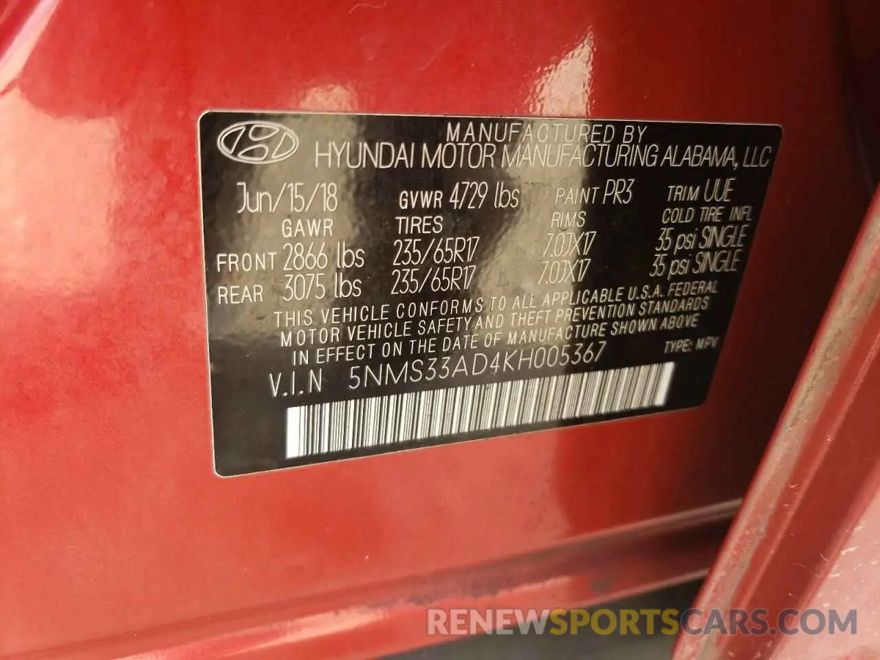 14 Photograph of a damaged car 5NMS33AD4KH005367 HYUNDAI SANTA FE 2019
