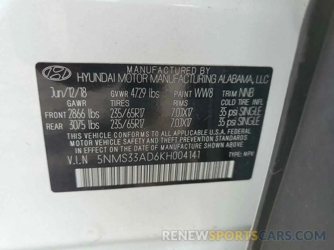 13 Photograph of a damaged car 5NMS33AD6KH004141 HYUNDAI SANTA FE 2019