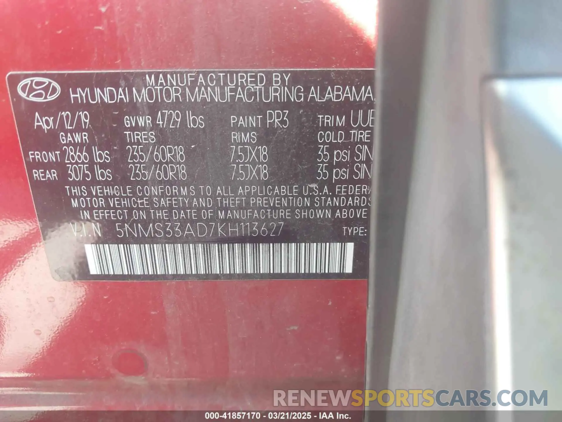 9 Photograph of a damaged car 5NMS33AD7KH113627 HYUNDAI SANTA FE 2019