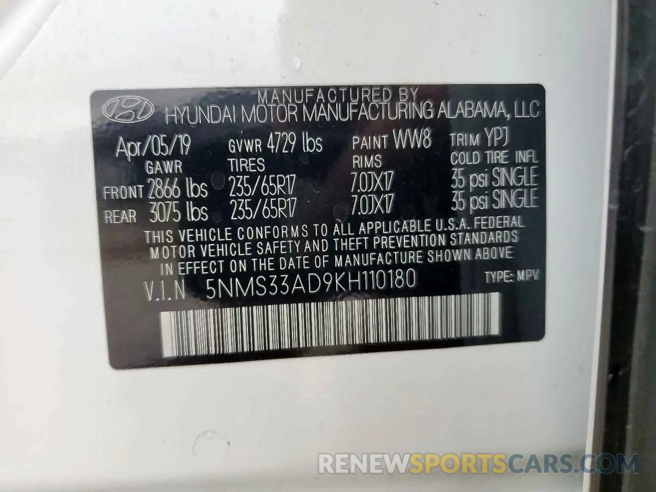 13 Photograph of a damaged car 5NMS33AD9KH110180 HYUNDAI SANTA FE 2019