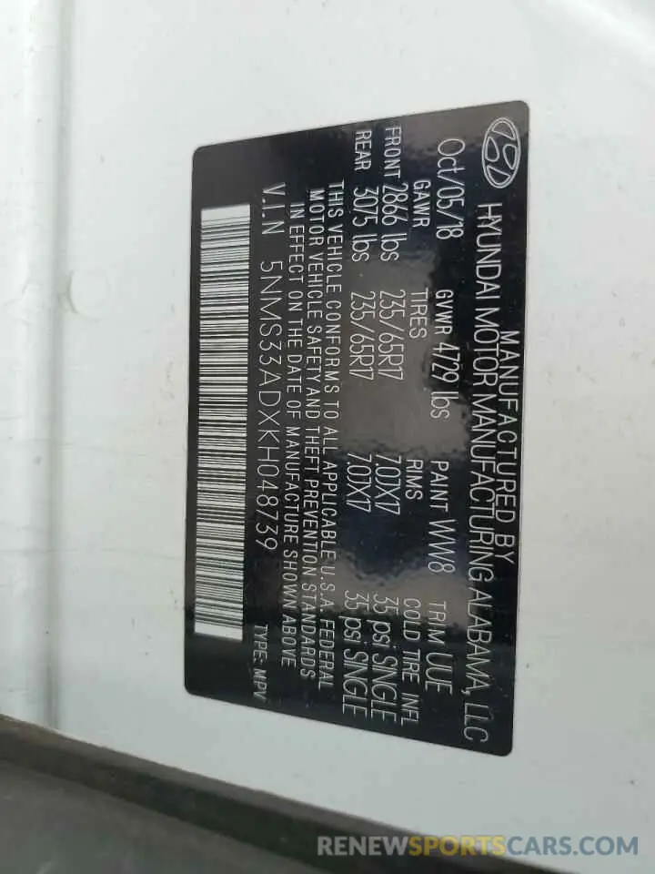 14 Photograph of a damaged car 5NMS33ADXKH048739 HYUNDAI SANTA FE 2019