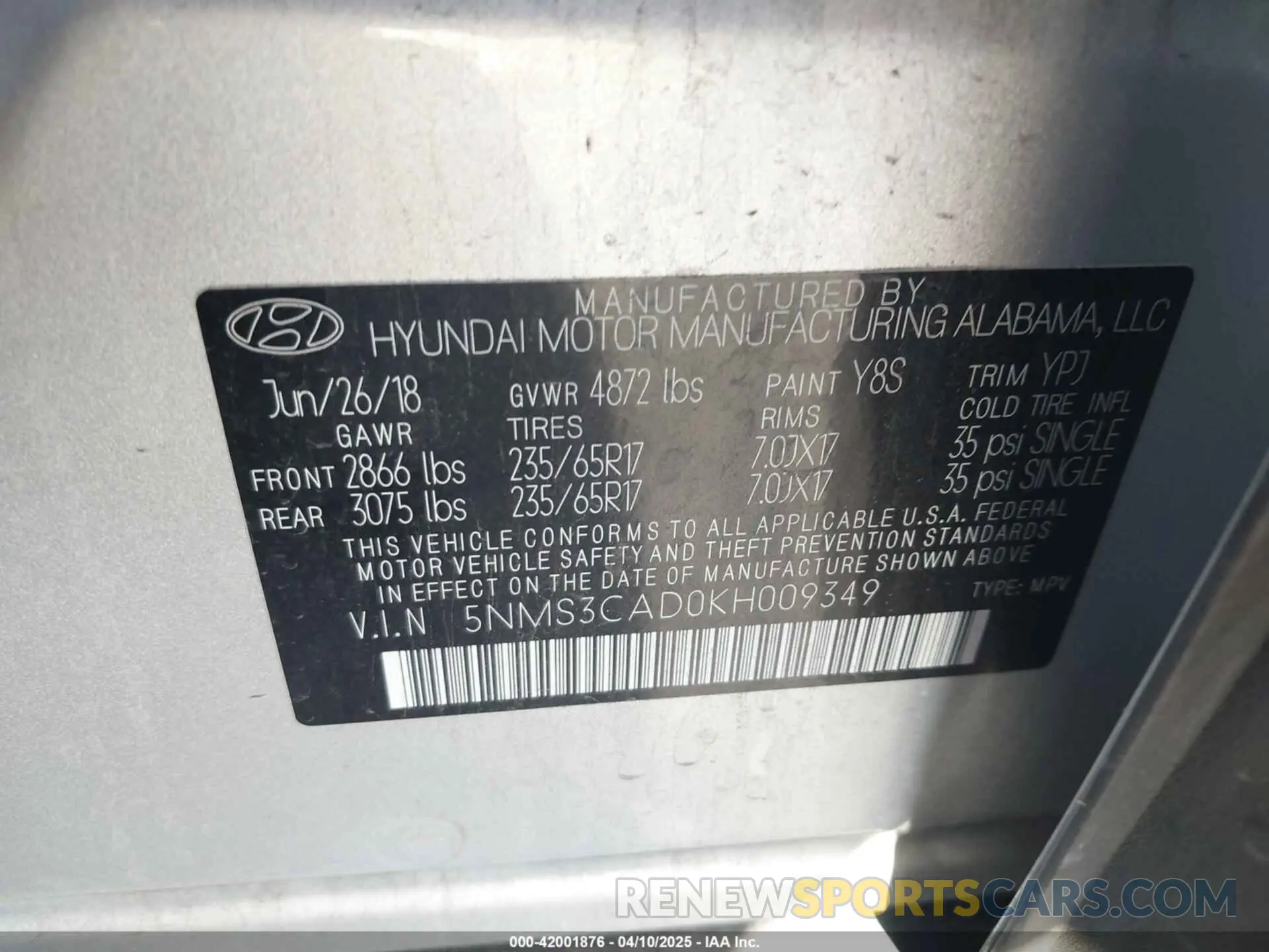 9 Photograph of a damaged car 5NMS3CAD0KH009349 HYUNDAI SANTA FE 2019