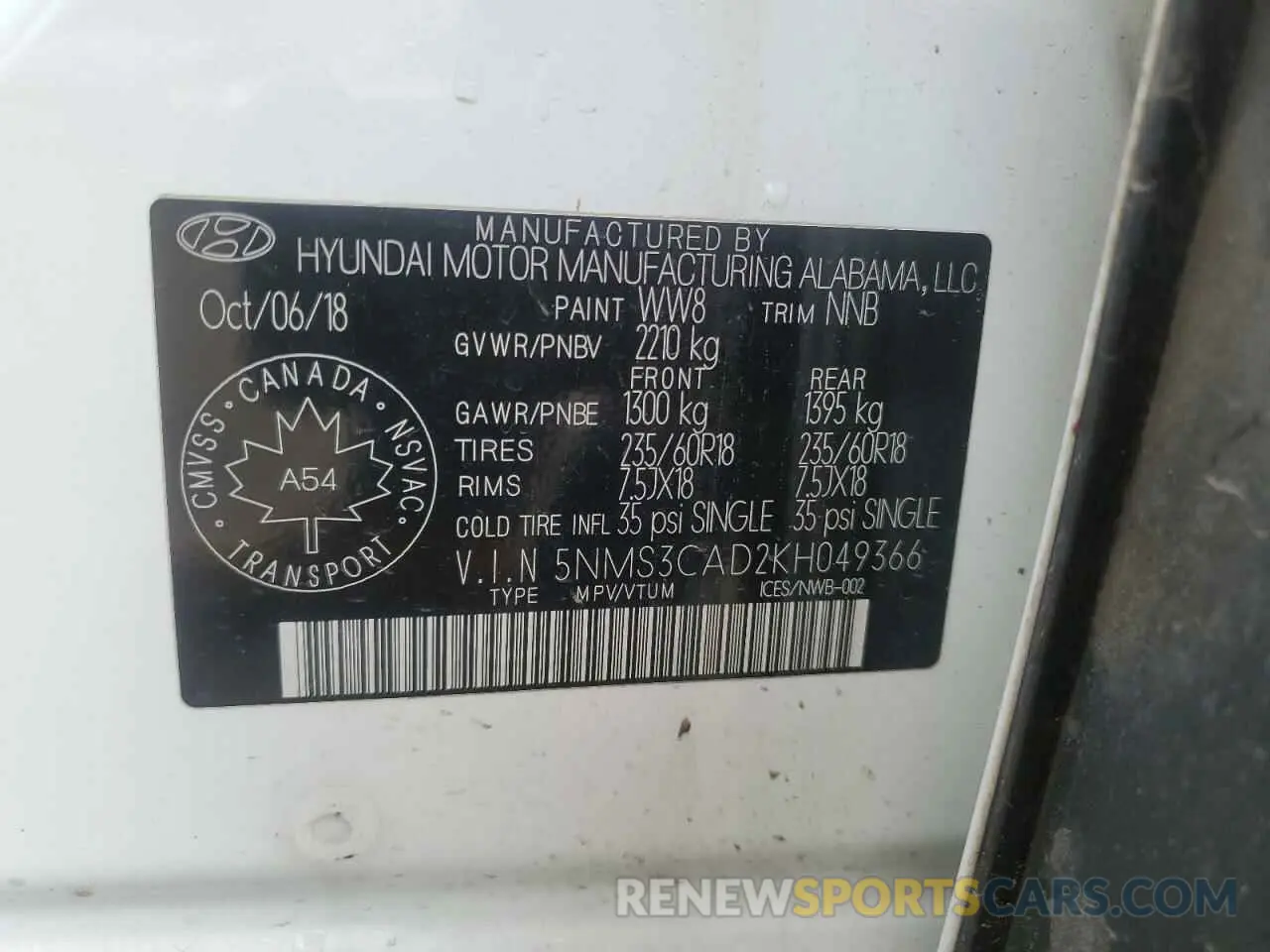 13 Photograph of a damaged car 5NMS3CAD2KH049366 HYUNDAI SANTA FE 2019