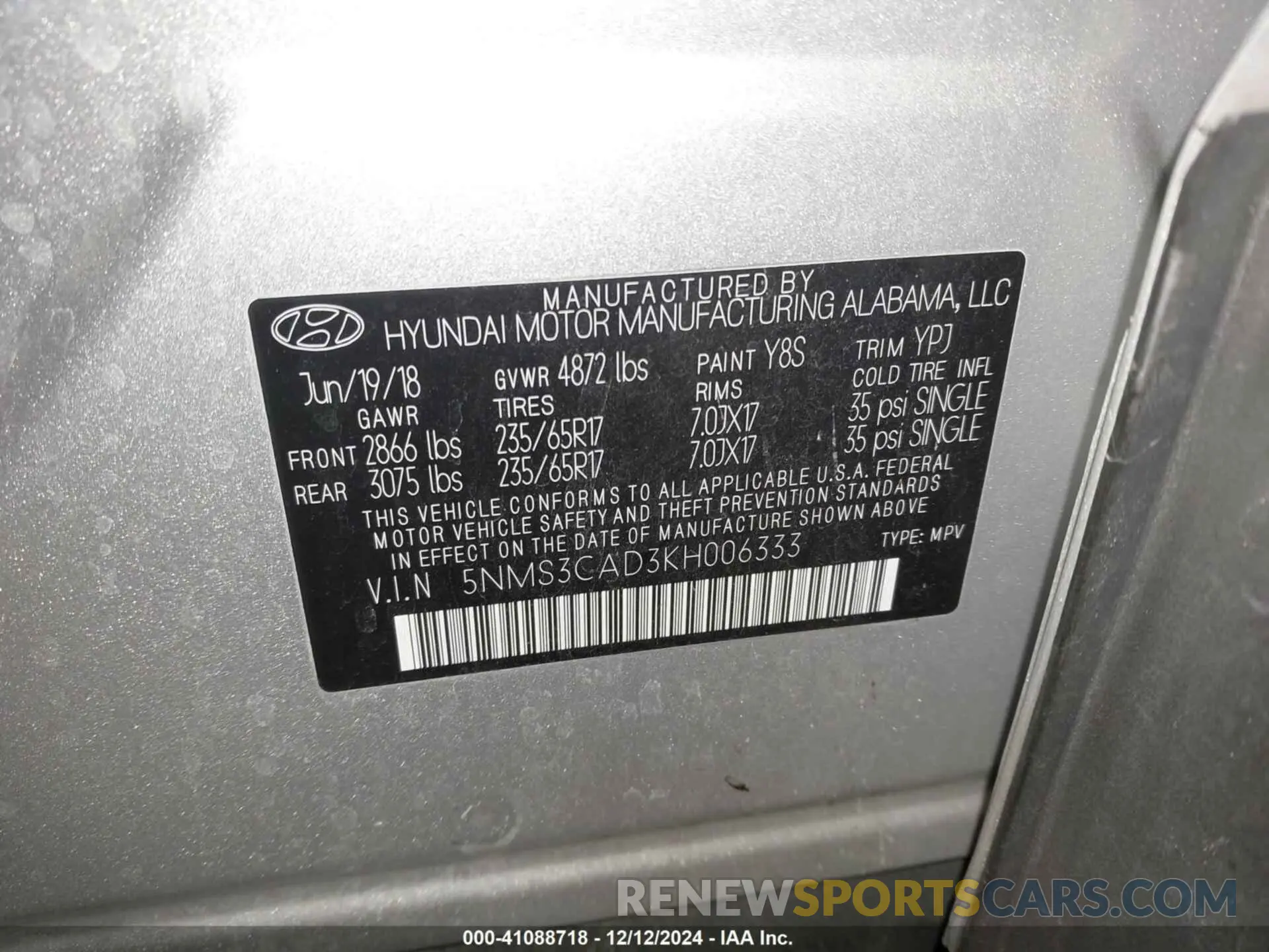 9 Photograph of a damaged car 5NMS3CAD3KH006333 HYUNDAI SANTA FE 2019