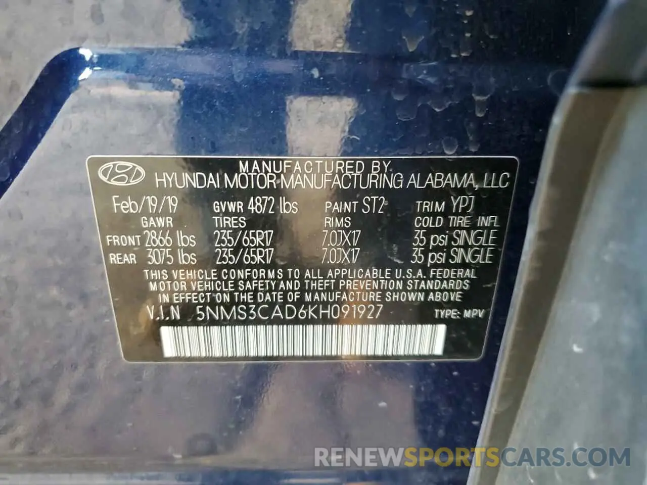 14 Photograph of a damaged car 5NMS3CAD6KH091927 HYUNDAI SANTA FE 2019