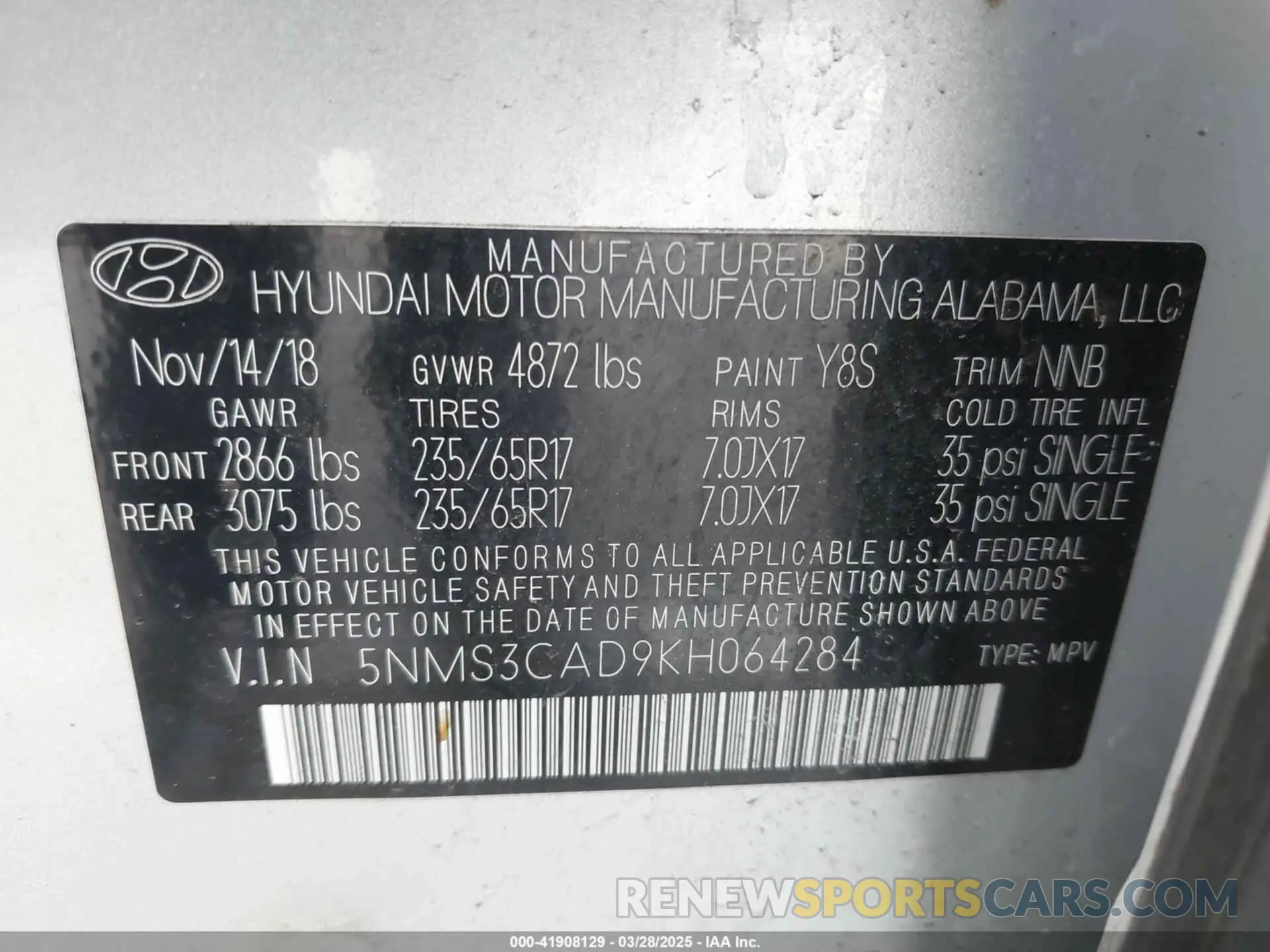 9 Photograph of a damaged car 5NMS3CAD9KH064284 HYUNDAI SANTA FE 2019