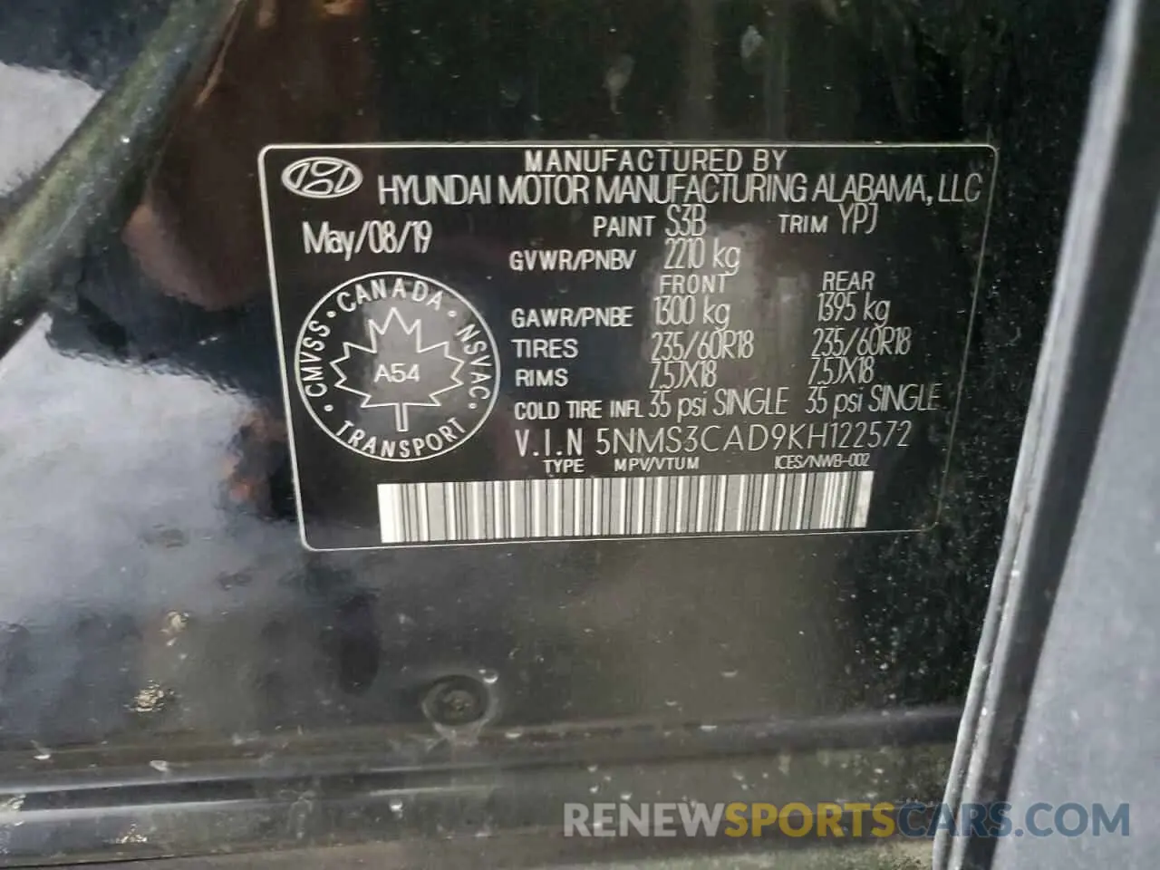 14 Photograph of a damaged car 5NMS3CAD9KH122572 HYUNDAI SANTA FE 2019