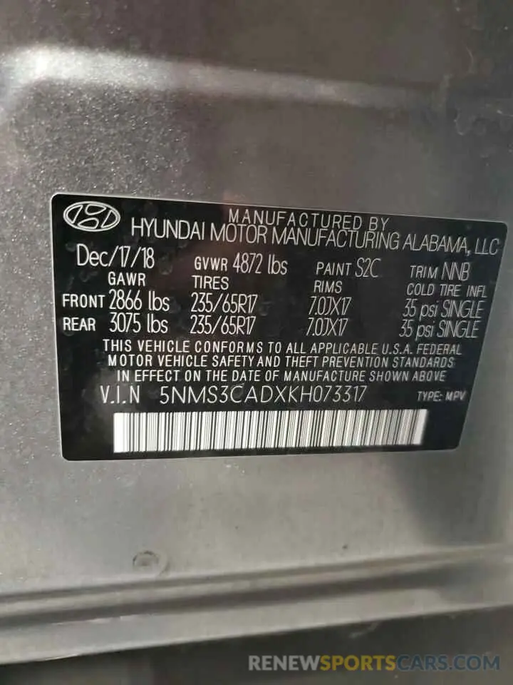 13 Photograph of a damaged car 5NMS3CADXKH073317 HYUNDAI SANTA FE 2019