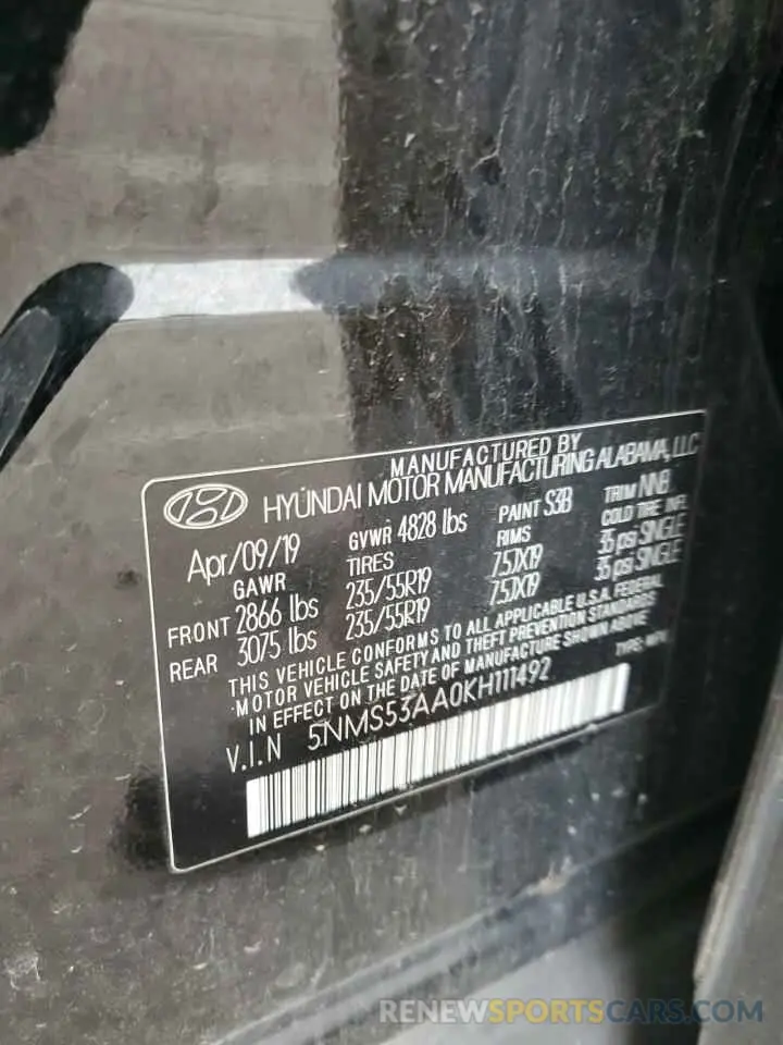 13 Photograph of a damaged car 5NMS53AA0KH111492 HYUNDAI SANTA FE 2019
