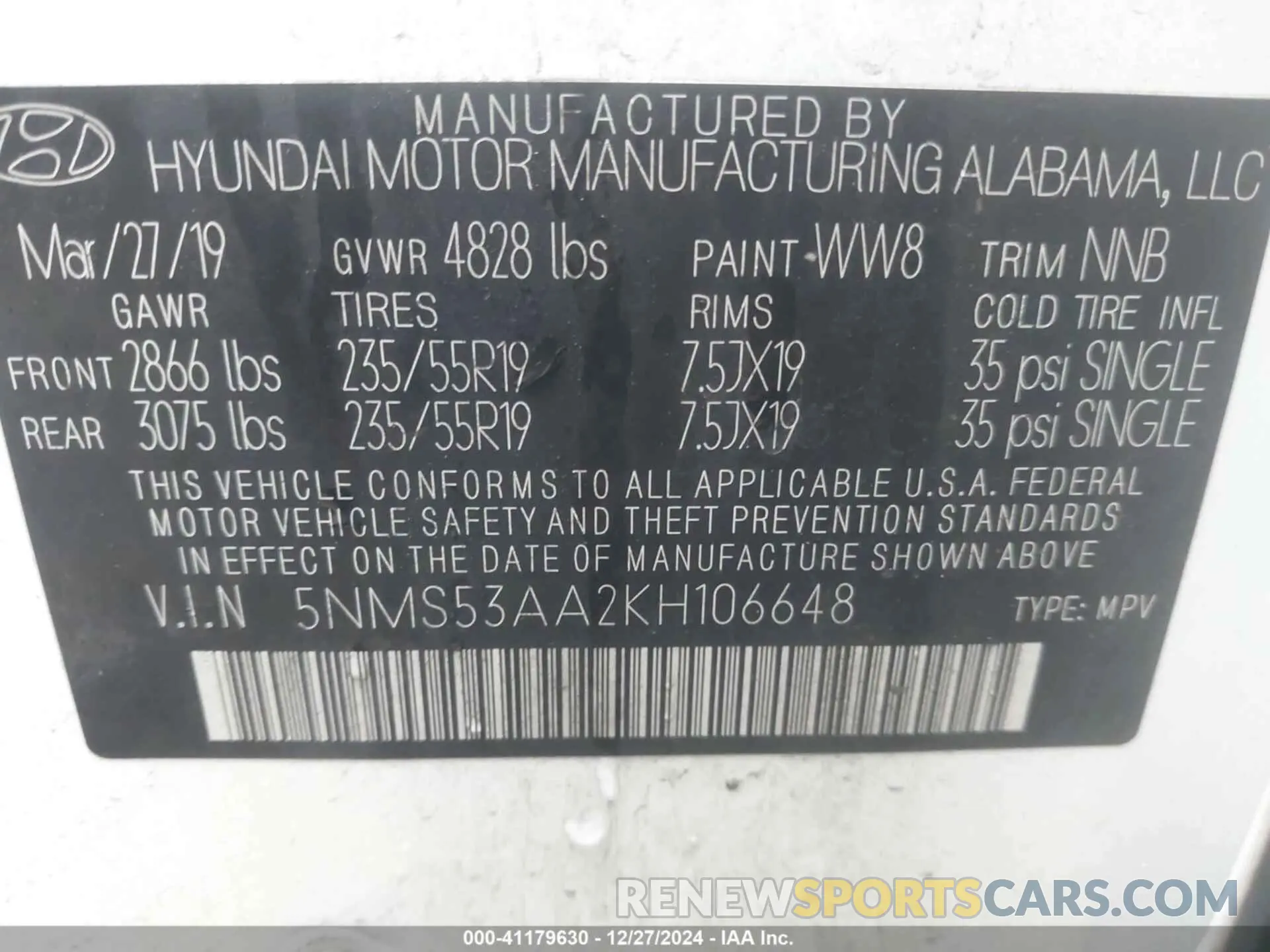 9 Photograph of a damaged car 5NMS53AA2KH106648 HYUNDAI SANTA FE 2019