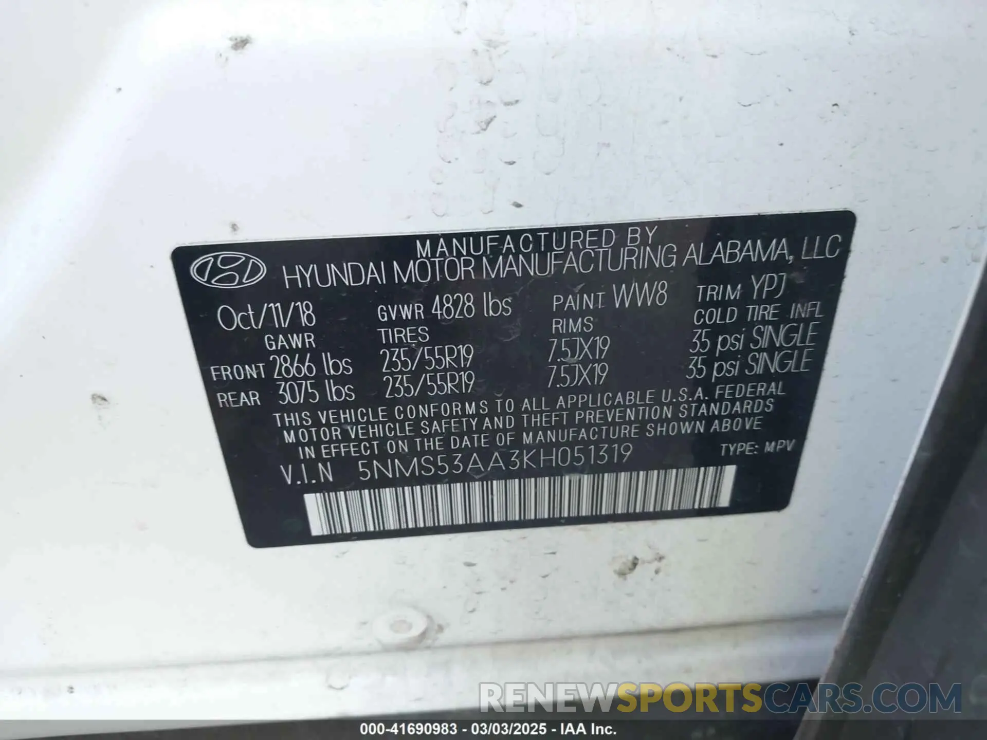 9 Photograph of a damaged car 5NMS53AA3KH051319 HYUNDAI SANTA FE 2019