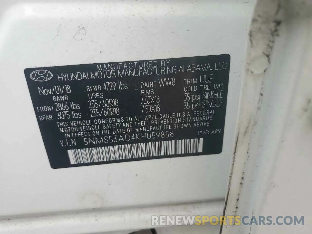 13 Photograph of a damaged car 5NMS53AD4KH059858 HYUNDAI SANTA FE 2019