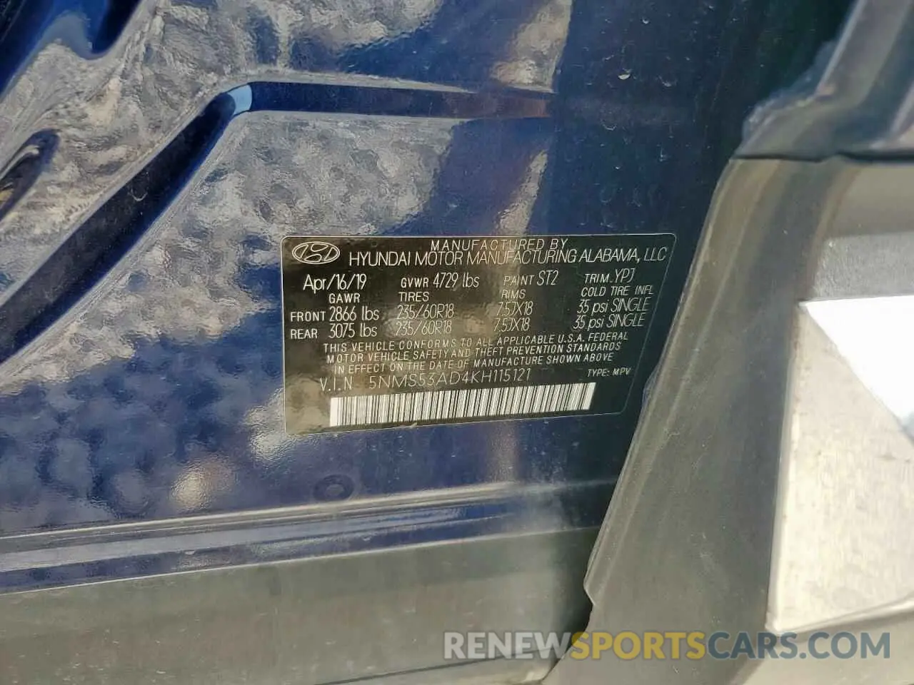 13 Photograph of a damaged car 5NMS53AD4KH115121 HYUNDAI SANTA FE 2019