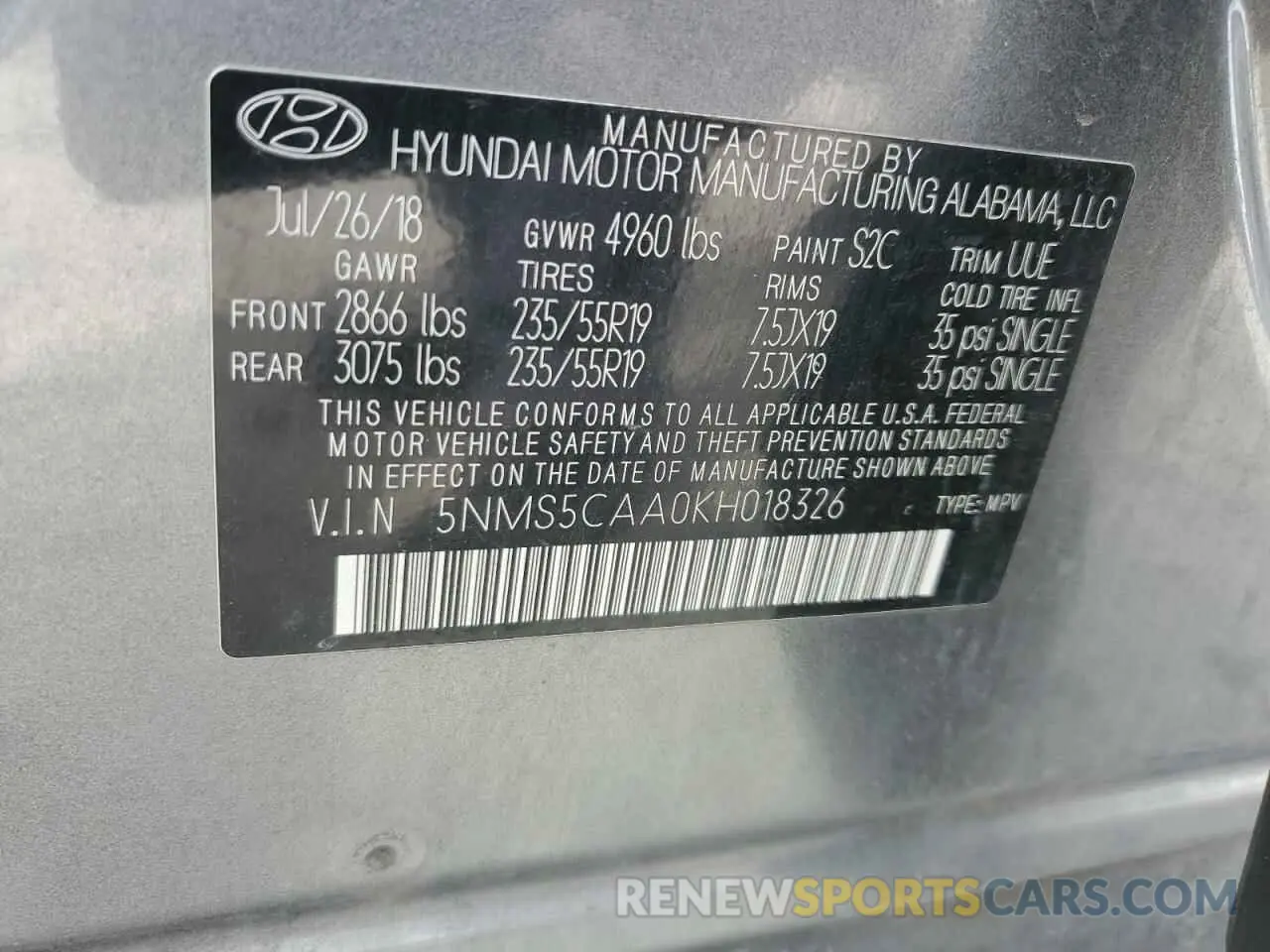 13 Photograph of a damaged car 5NMS5CAA0KH018326 HYUNDAI SANTA FE 2019