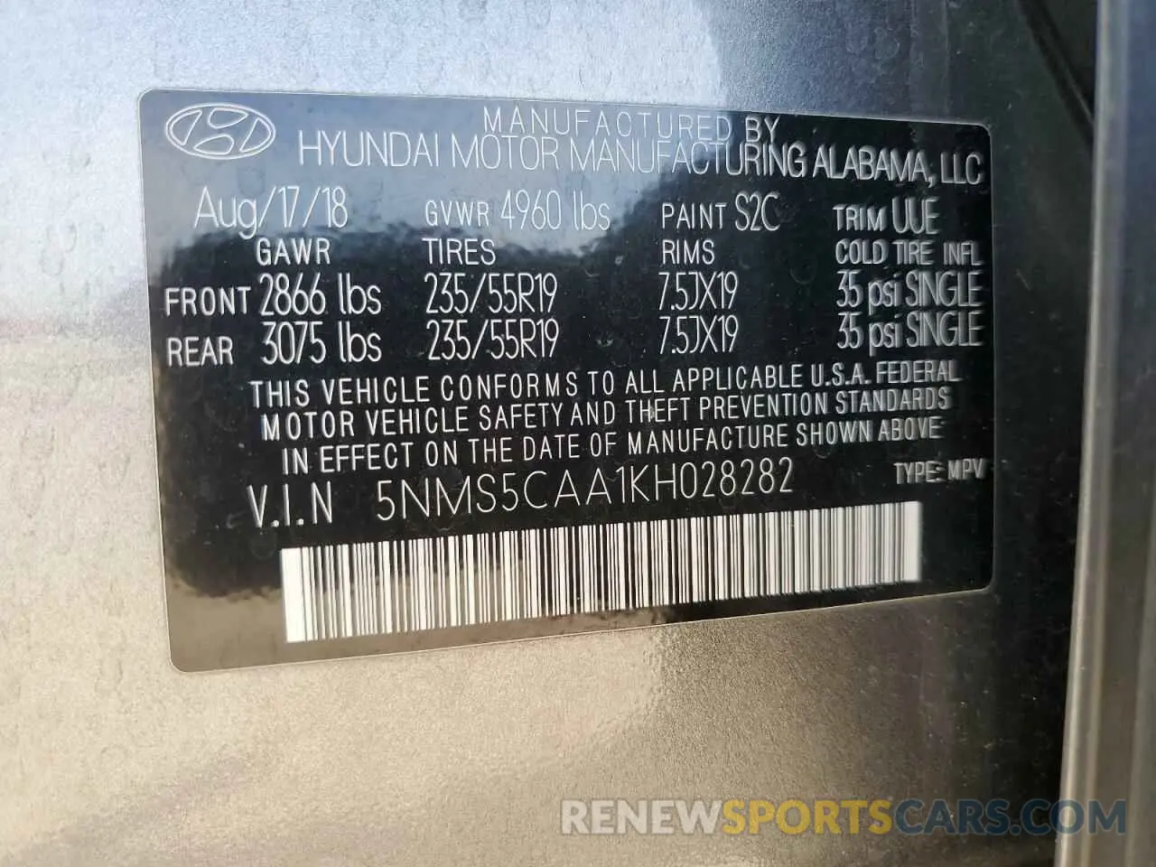12 Photograph of a damaged car 5NMS5CAA1KH028282 HYUNDAI SANTA FE 2019