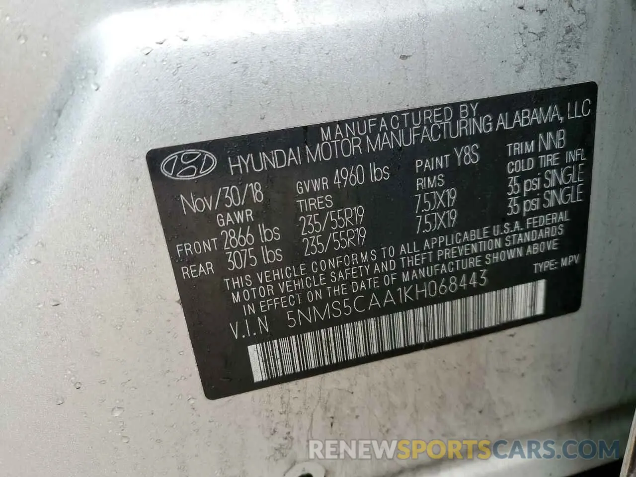 13 Photograph of a damaged car 5NMS5CAA1KH068443 HYUNDAI SANTA FE 2019