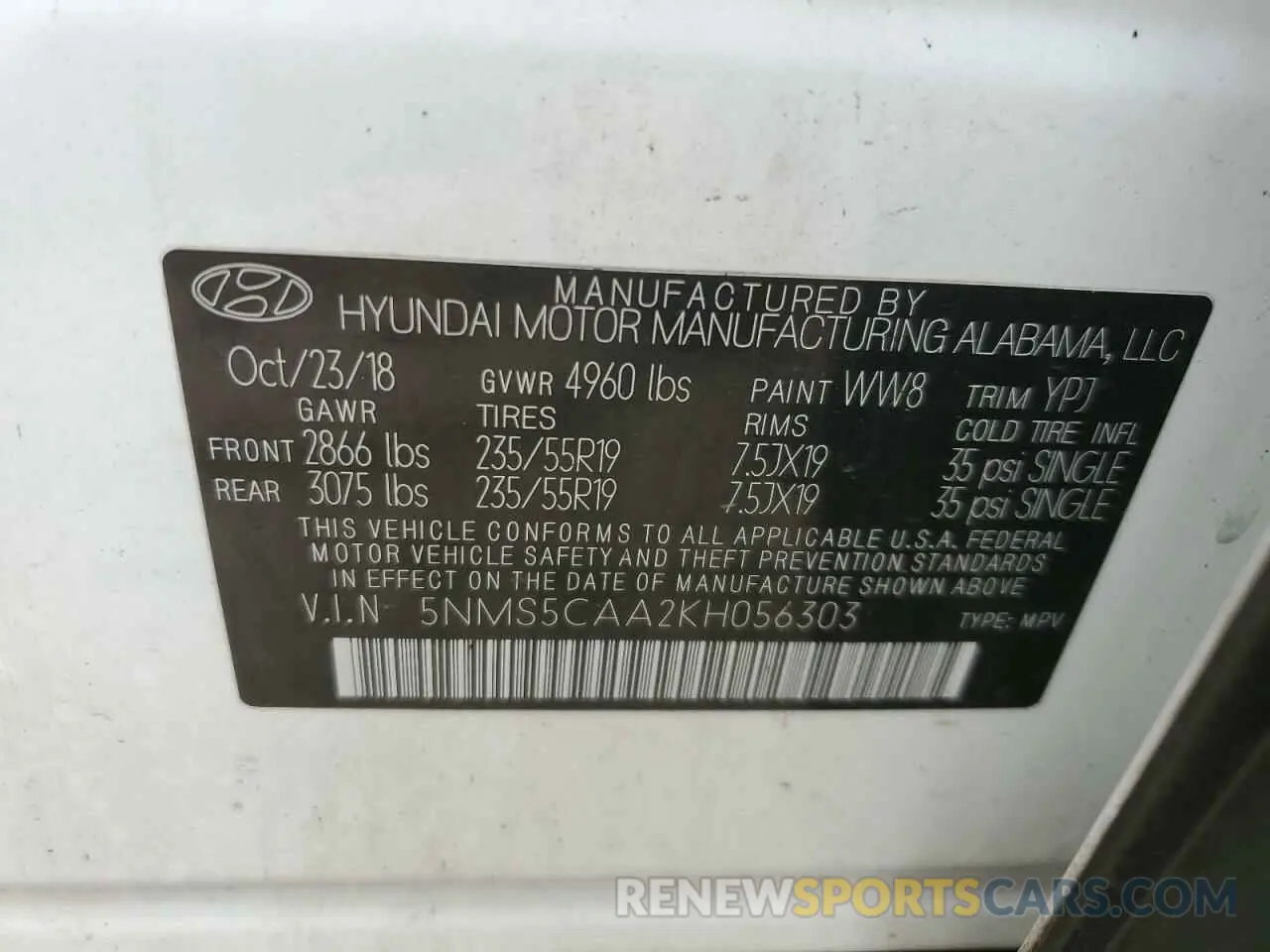 13 Photograph of a damaged car 5NMS5CAA2KH056303 HYUNDAI SANTA FE 2019