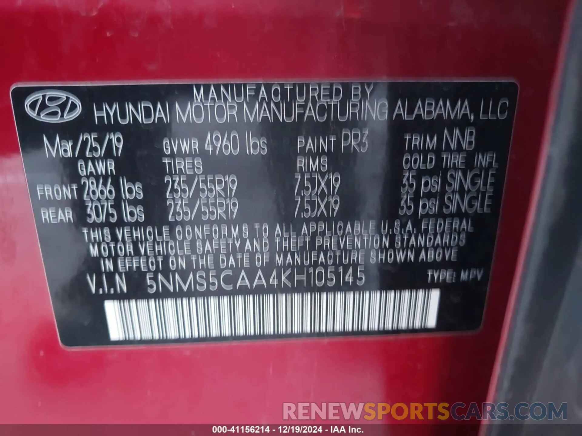 9 Photograph of a damaged car 5NMS5CAA4KH105145 HYUNDAI SANTA FE 2019
