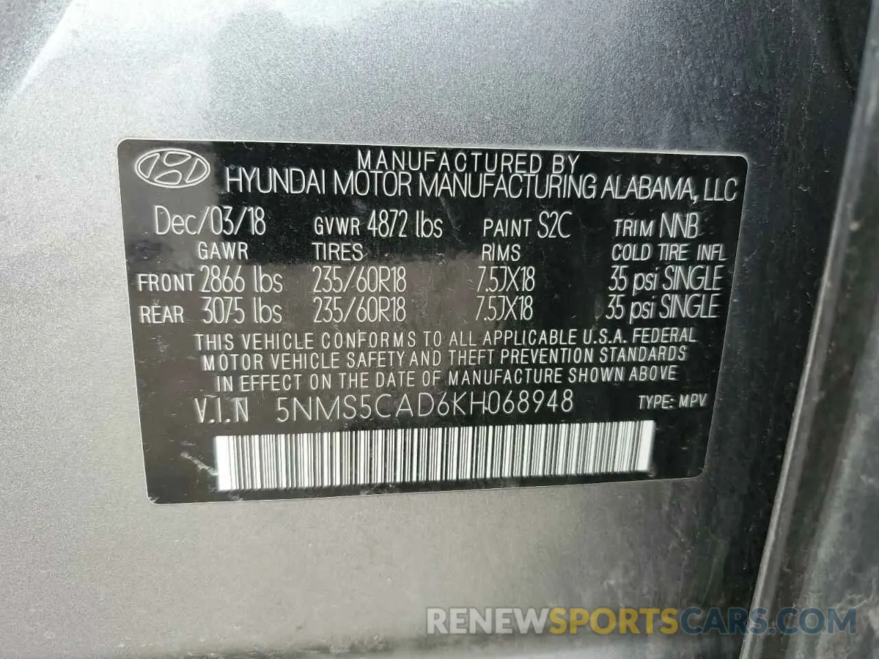 14 Photograph of a damaged car 5NMS5CAD6KH068948 HYUNDAI SANTA FE 2019