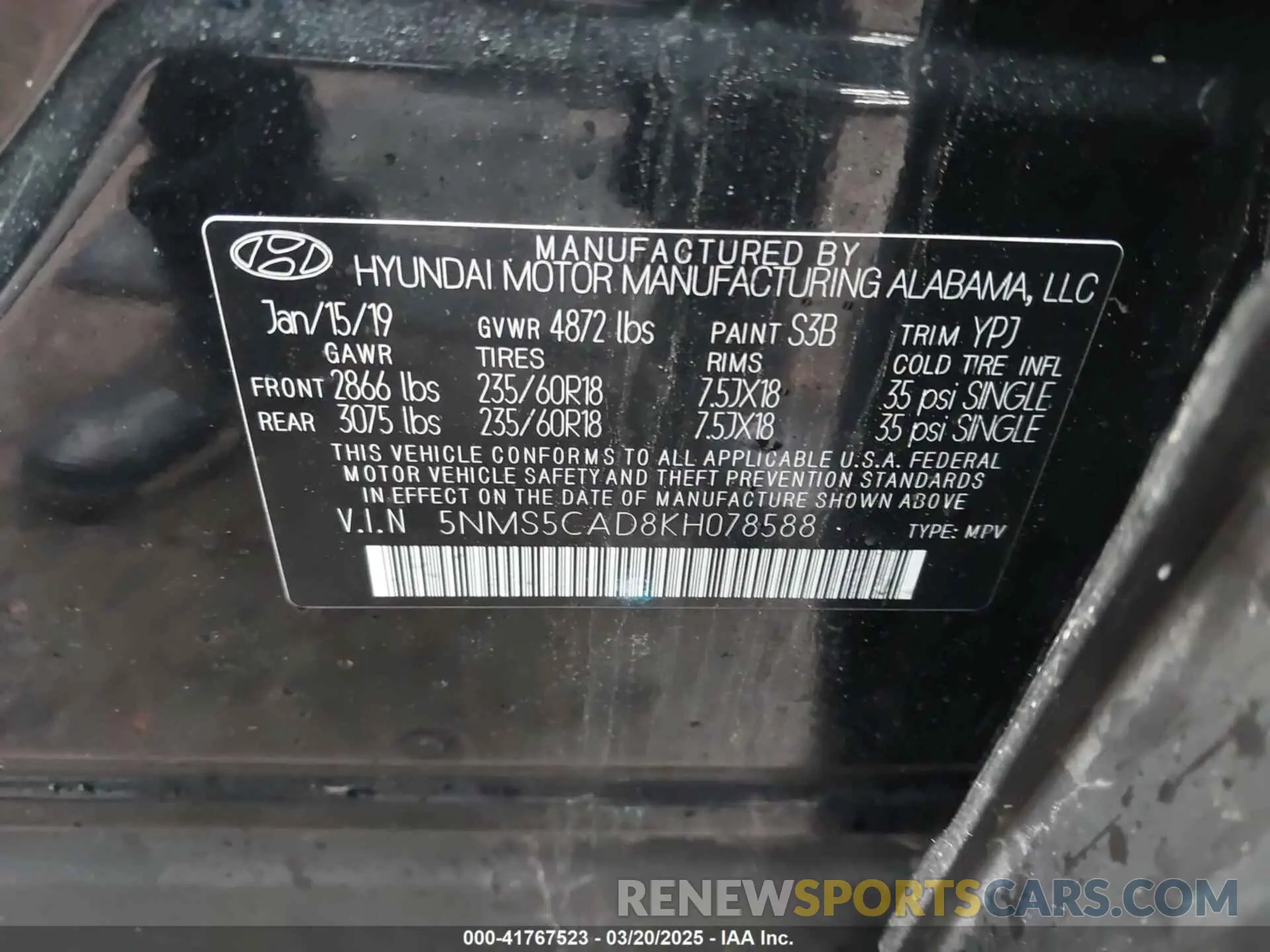 9 Photograph of a damaged car 5NMS5CAD8KH078588 HYUNDAI SANTA FE 2019