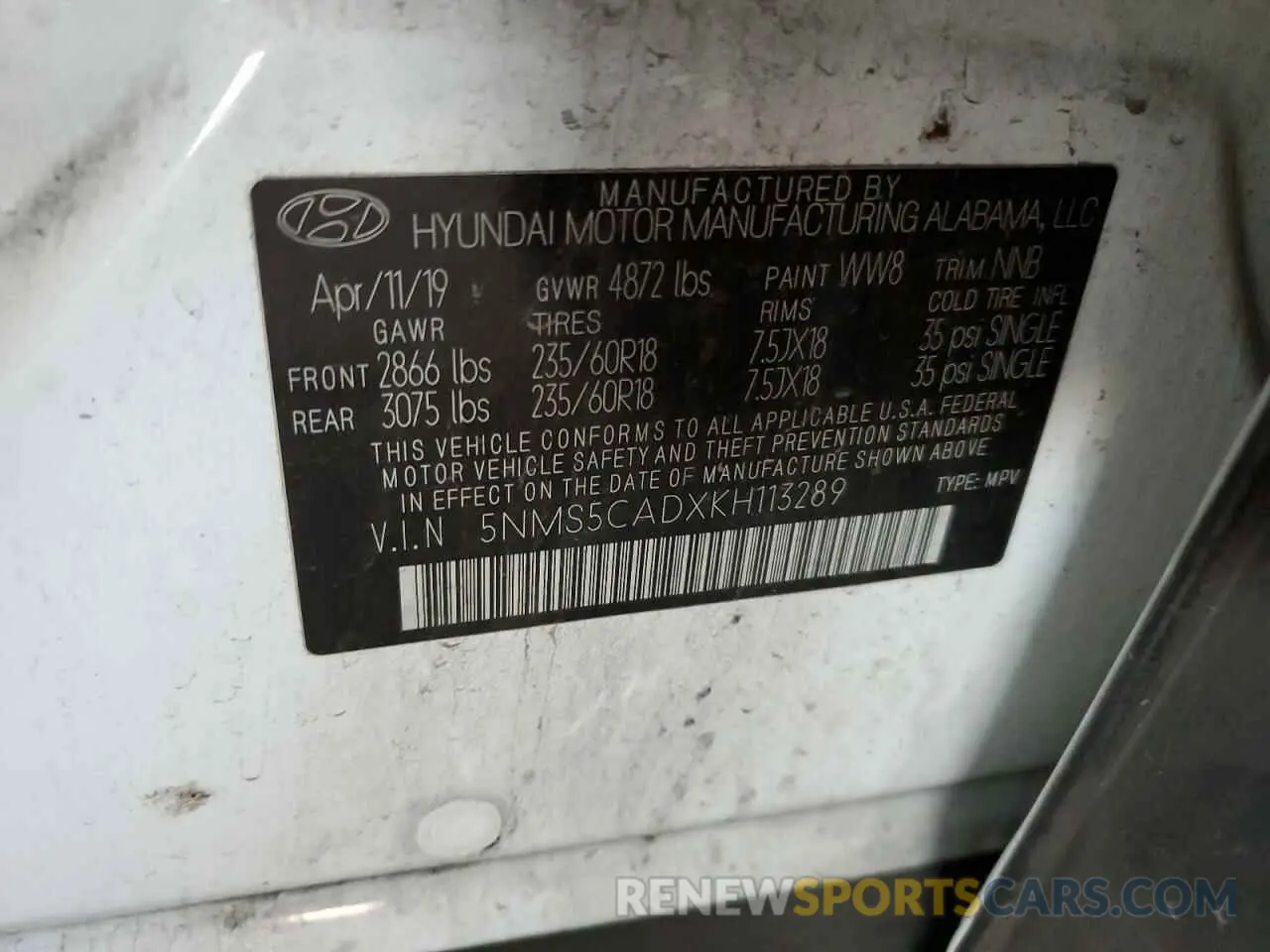 13 Photograph of a damaged car 5NMS5CADXKH113289 HYUNDAI SANTA FE 2019