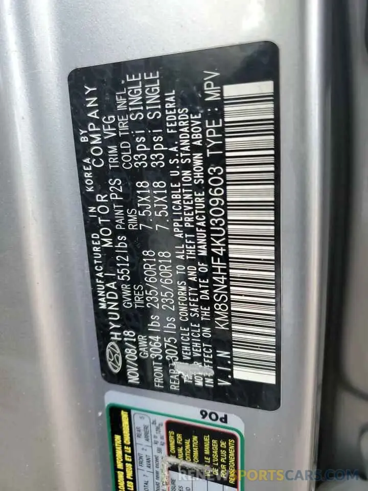 13 Photograph of a damaged car KM8SN4HF4KU309603 HYUNDAI SANTA FE 2019