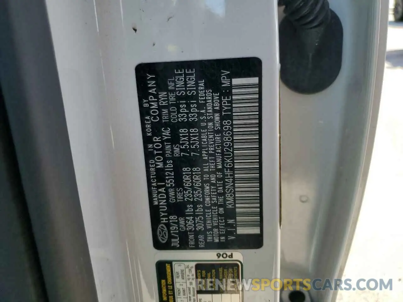 12 Photograph of a damaged car KM8SN4HF6KU298698 HYUNDAI SANTA FE 2019