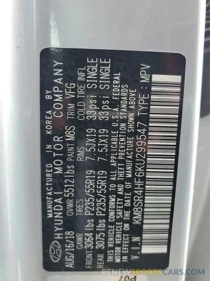 15 Photograph of a damaged car KM8SR4HF6KU299547 HYUNDAI SANTA FE 2019