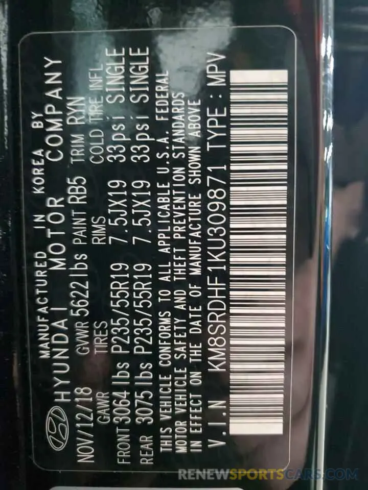 13 Photograph of a damaged car KM8SRDHF1KU309871 HYUNDAI SANTA FE 2019