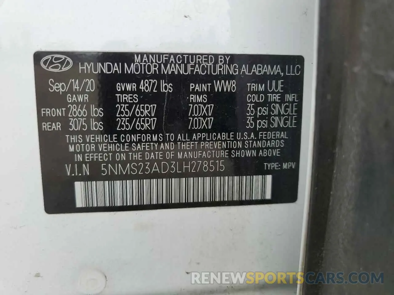 14 Photograph of a damaged car 5NMS23AD3LH278515 HYUNDAI SANTA FE 2020